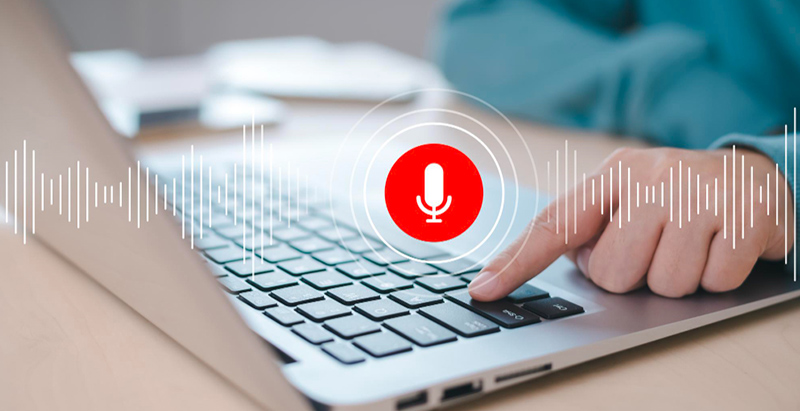 Voice search optimization concept with keyboard and microphone icon.