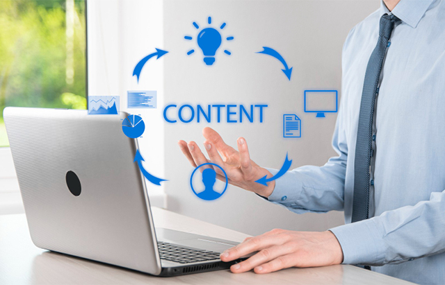 Businessman gestures toward CONTENT text surrounded by a circular digital marketing process icon diagram.